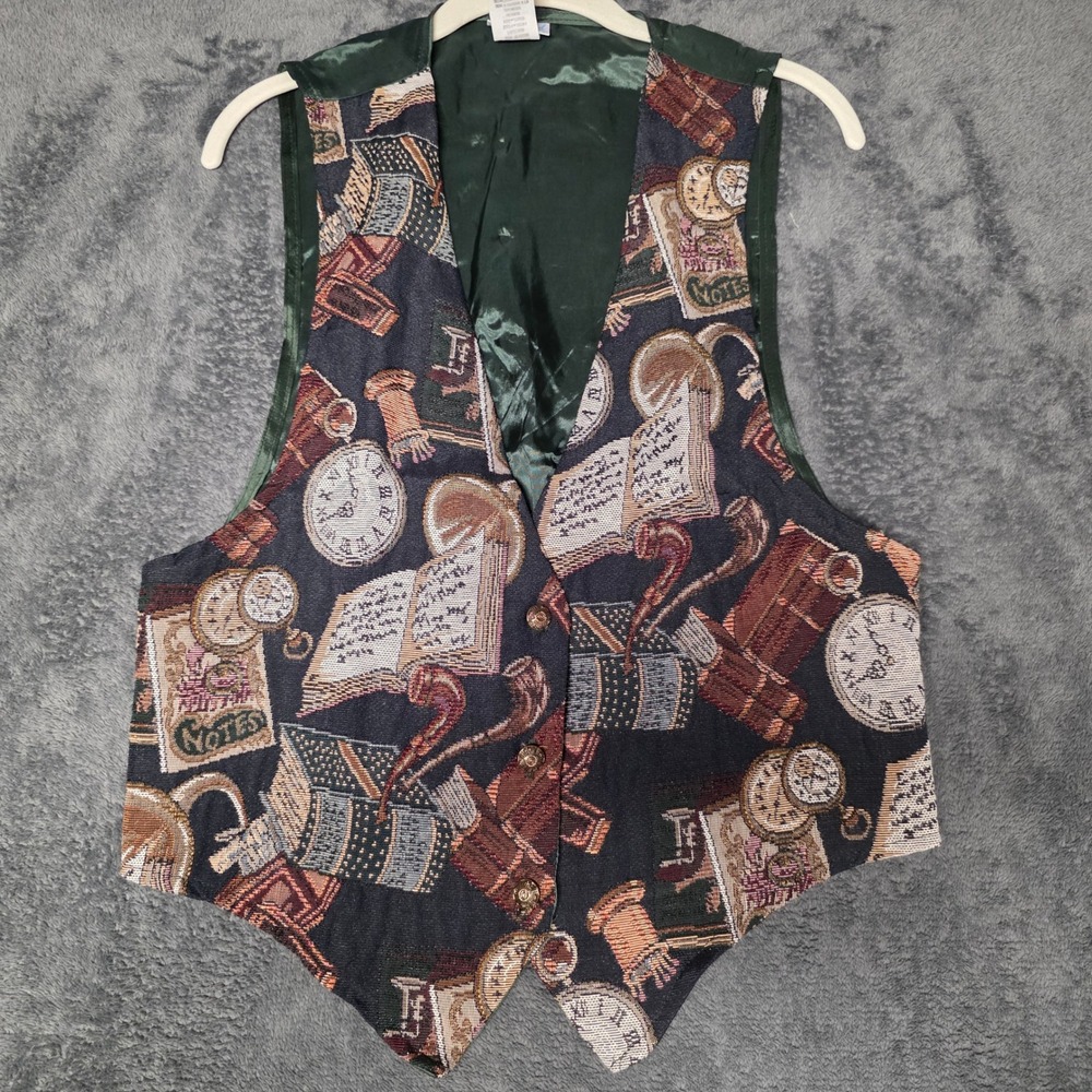 Vintage Tapestry Vest Womens Medium Dark Academia Books Pipe Watch USA